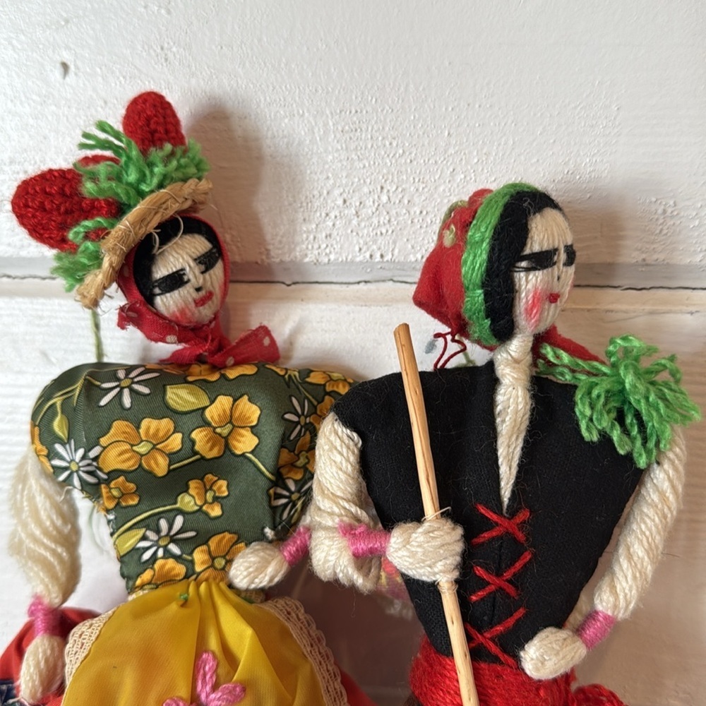 Vintage Hand Crafted Portuguese Santa Folk Art Colorful Yarn or String Dolls - Picture 6 of 9